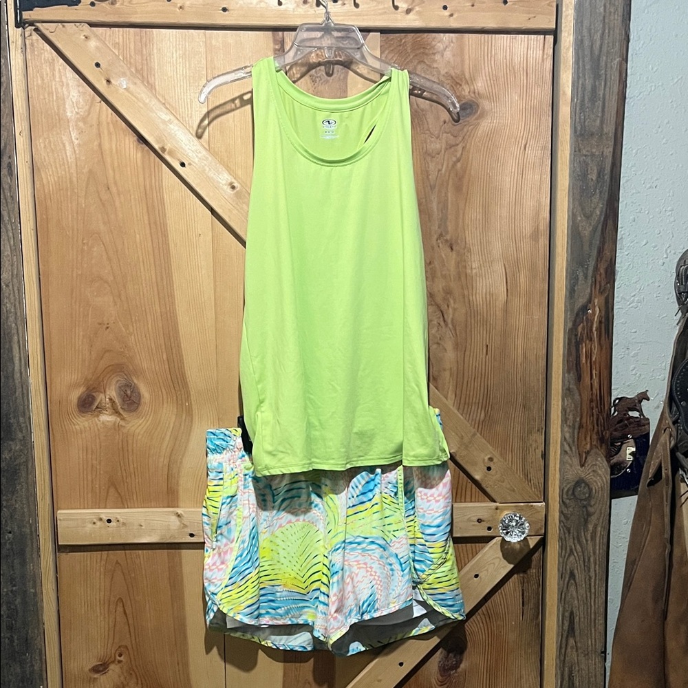 Athletic Neon Green Tank and Multicolor Wave Avia Athletic Shorts